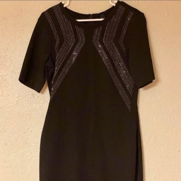 Large, Black Dress with Silver, Shimmery Studs Studs. Knee-Length tight, stretch - Picture 2 of 12